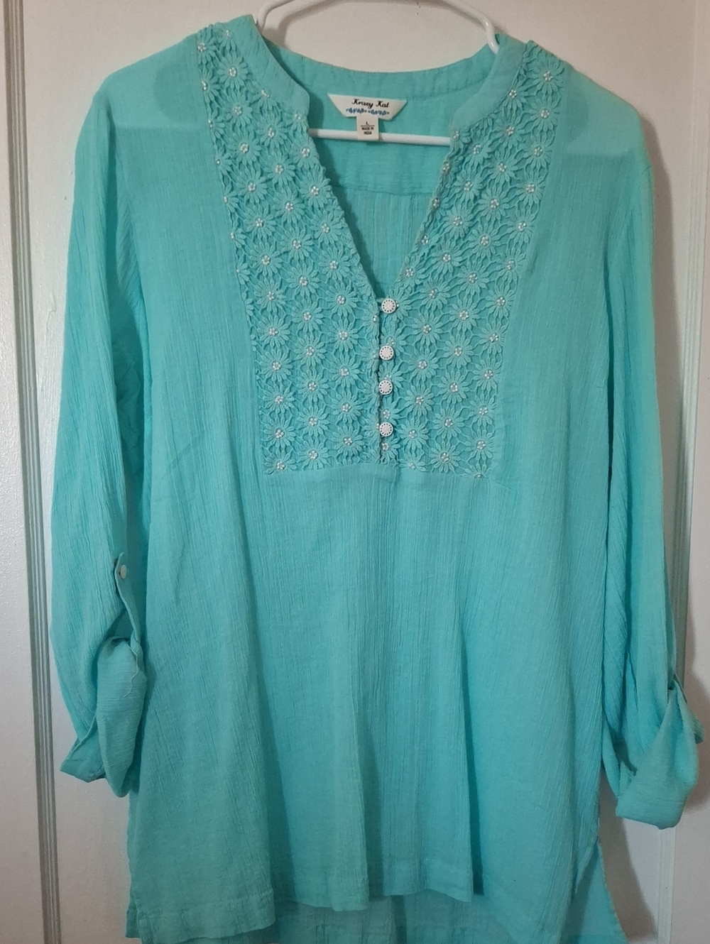 krazy kat Turquoise Embroidered V-Neck Tunic